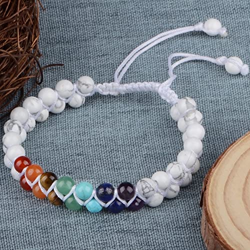 MASSIVE BEADS Double Layer Natural Chakra Healing Power Crystals Macrame Bracelet Yoga Stone Beads Gemstone Meditation Relax Anxiety Bangle for Unisex Women Men - color: 7-Chakras&Howlite, size: 6mm