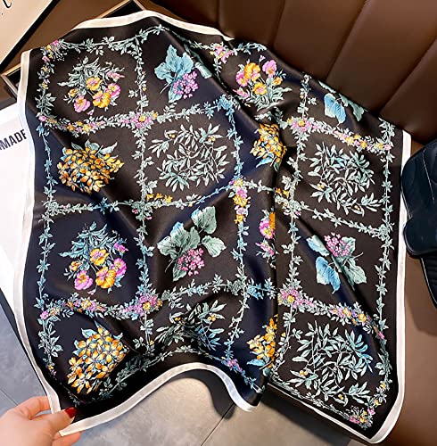 JERLA 100% Pure Mulberry Silk Square Scarf for Hair-27''x27'' Women Men Natural Silk Neckerchief Headscarf - color: Black and Blue Flower