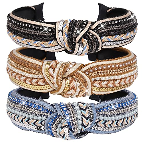TOBATOBA Knotted Boho Headbands for Women, 3 Pack Beaded Knot Headband, Diademas Para Mujer De Moda, Womens Crystal Pearl Head bands, Wide Turban Head bands No Slip Fashion for Women - color: Color 2