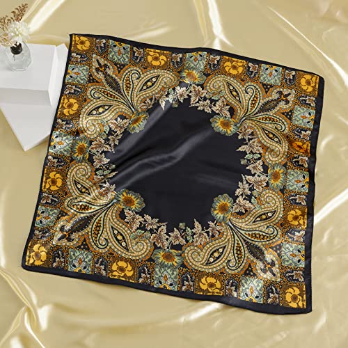 QBSM Womens 23.6 inch Satin Silk Feeling Formal Square Neck Scarf Head Hair Wraps Kerchief - color: Cashew-black