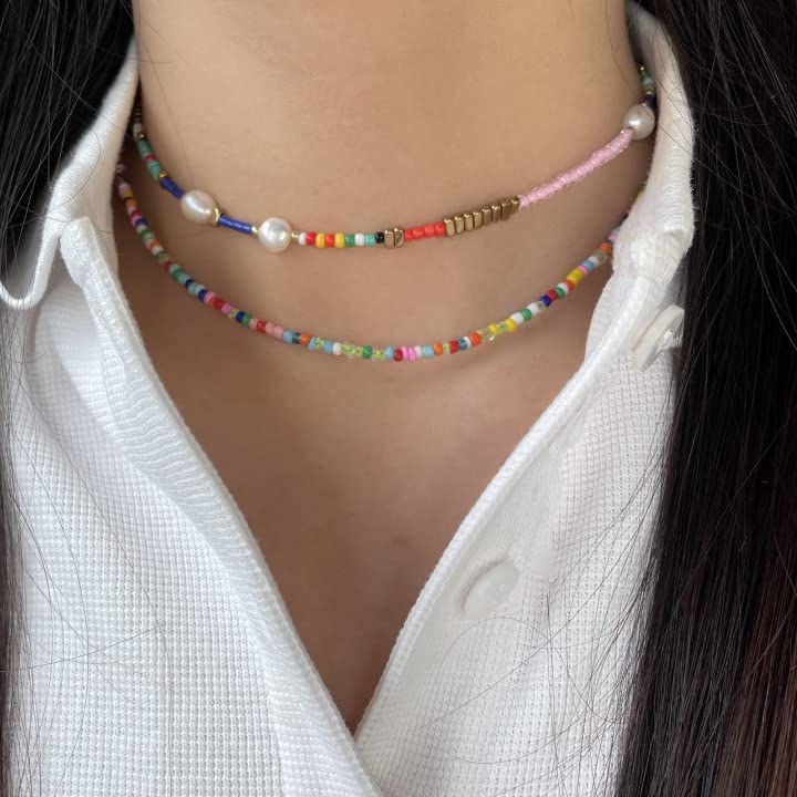 Wellike Freshwater Pearl Beaded Necklace for Women Handmade Boho Colorful Glass Beads Choker Necklace Stainless Steel 18K Gold Plated Bohemian Women Summer Jewelry Gifts - color: Beaded Necklace a