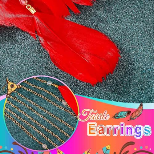 Catery Feather Earrings Long Tassel Boho Earrings Dangling Fringe Prom Jewelry for Women - color: Red