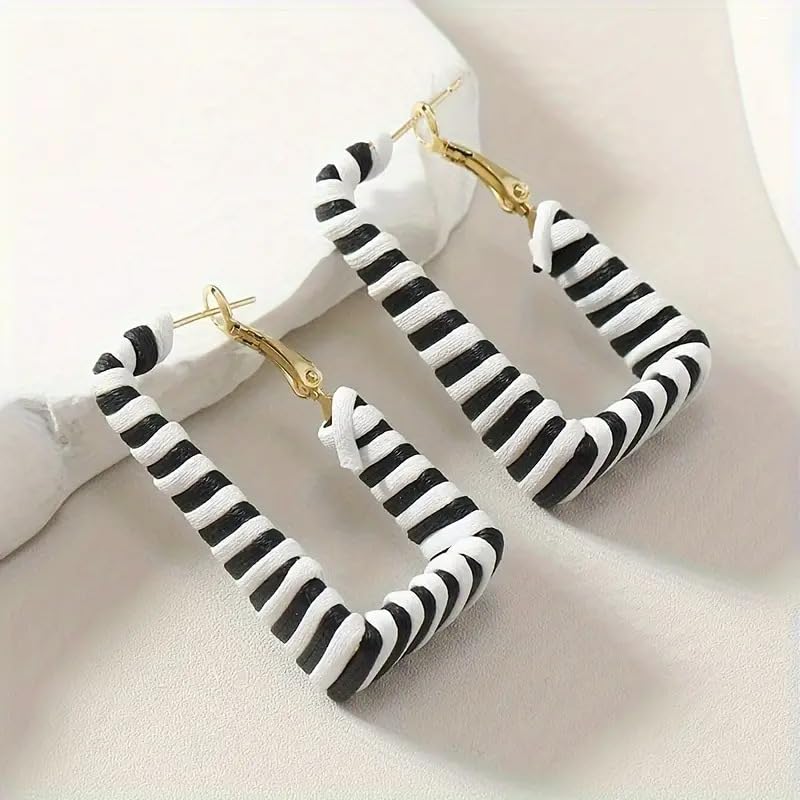 Chunky Leopard Leather Earrings Bohemia Camouflage Leather Dangle Earrings Chunky Rectangle Black White Zebra Print Earring Handmade Vintage Faux Leathers Statement Earring Boho Style Jewelry - color: Black+White