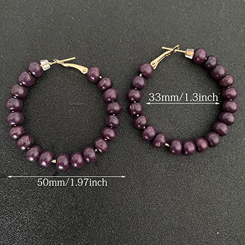 Handmade Nature Wooden Beaded Hoop Earrings Bohemian Minimalist Colorful Circle Round Wood Bead Earrings Vintage Chic Wooden Ethnic Dangle Drop Earrings for Women Statement Jewelry Gifts - color: Dark Purple