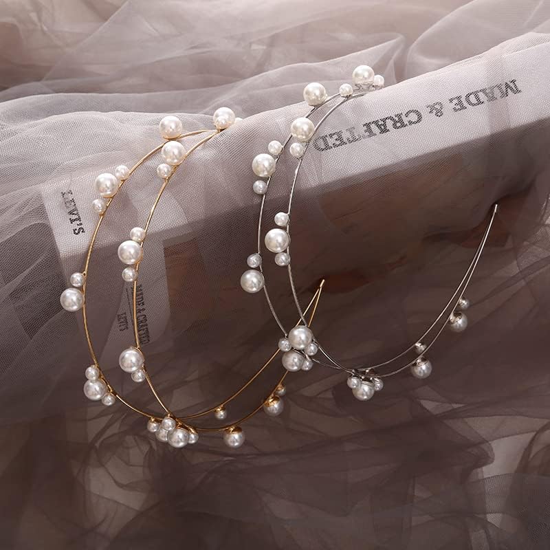 Double Layer Pearl Beaded Headbands Hair Hoops Bridal Hairbands Wedding Hair Accessories Fashion Elegant Pearl Headbands for Women Girls (Silver) - color: Silver