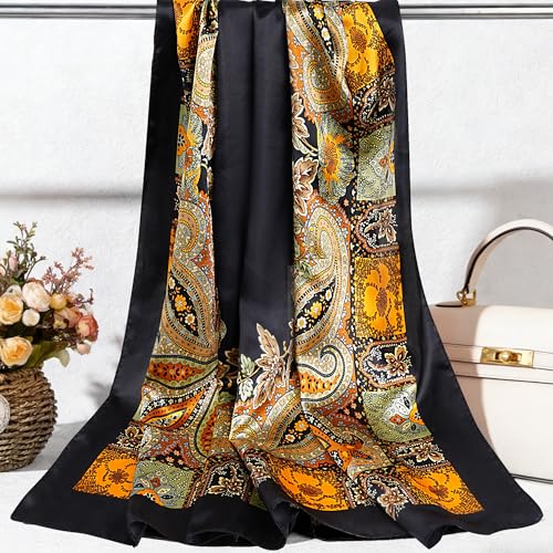 Pistha Head Scarf Bandana for Women, Satin Scarf for Hair, Large Square Silk Bandana Headscarf for Women and Men 35 Inch - style: Classic-black