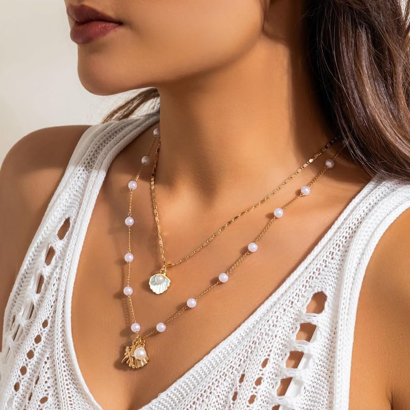 Layered Charm Necklace Boho Summer Jewelry Beach Vacation Gift for Women Surfer Accessories Gold-Filled Chain Summer Jewelry - color: A3