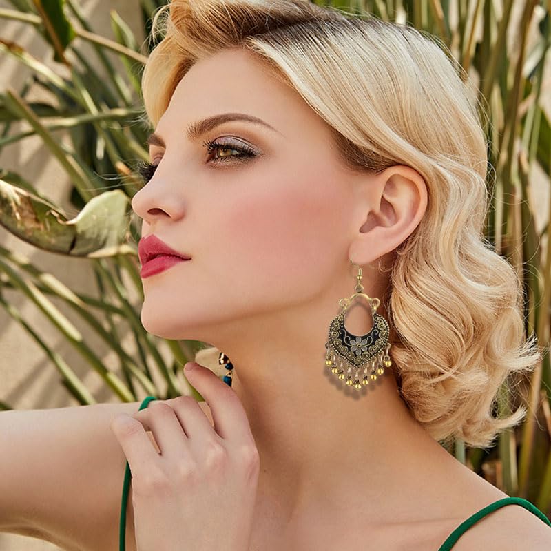 Vintage Boho Statement Drop Dangle Earrings for Women Bohemian Ethnic Handmade Beaded Charms Earring Bohemian Retro Chandelier Tassel Earrings Mexico Gypsy Jewelry Gift - color: Gold-Black