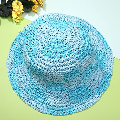 Sun Hats Checkerboard Straw Bucket Hat for Women Packable Crochet Wide Brim Floppy Beach Hats Traveling Summer Accessories - color: Blue