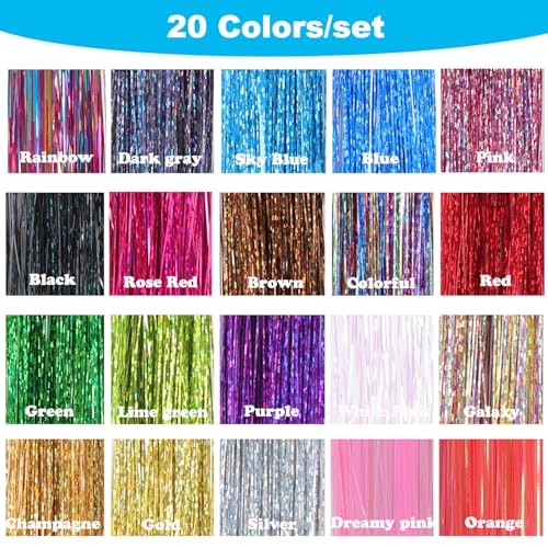 Hair Tinsel - 20 Colors Hair Tinsel Kit - 8000 Strands 48 Inch Glitter Tinsel Hair Extensions with Tools - Heat Resistant Sparkling Fairy Hair Accessories for Girls & Women
