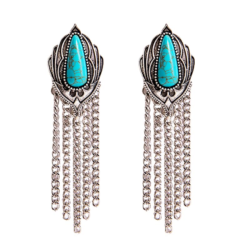 Boho Turquoise Drop Earrings Retro Long Copper Feather Tasse Metal Leaf Dangle Earrings Vintage Country Western Jewelry Cowgirl Ethnic Style Geometric Concert Festival Accessories for Women - color: Silver