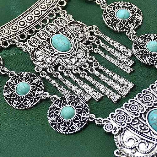 Bethynas Bohemian Ethnic Tribal Chunky Necklace Multilayer Long Tassel Turquoise Statement Neck Chain Retro Coin Gemstone Exaggerated Costume Accessories for Women - color: C-Blue