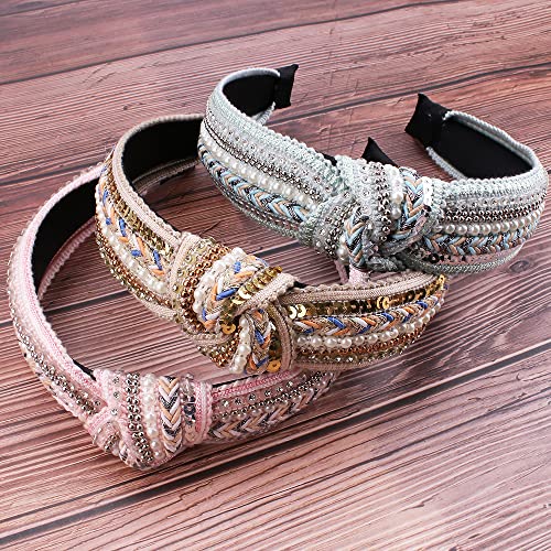 TOBATOBA Knotted Headbands for Women, 3 Pack Rhinestones Pearl Beaded Headbands, Top Knot Boho Head bands, Wide Turban Crystal Pearl Sequin Head bands, Vintage Non Slip Diamond Beaded Bling Hair Band - color: Color 1