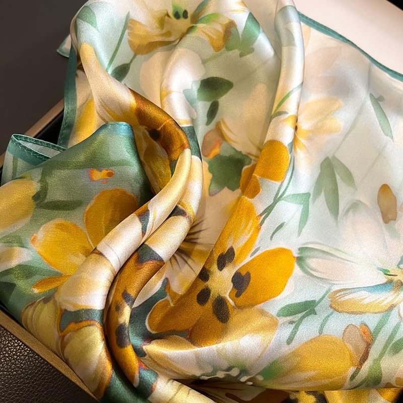 MEISEE 100% Pure Mulberry Silk Scarf 21" Square Scarf Neckerchief Headscarf Breathable Lightweight for Women Gift Packed - color: M3 Yellow Green Flower