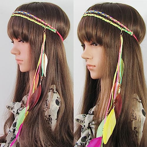WLBON Halloween Boho Feather Headband Hippie Indian Leaf Hair Hoops Bands Tassel Bohemian Headpiece Hairband Women Xmas Wedding Festival Masquerade Cosplay Dress Up Birthday Party Accessories Colorful - color: Colorful Tone