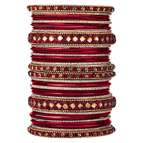 Aheli Ethnic Colorful Metal Bangles Chudha Set Stone Studded Bangle Set Indian Wedding Wear Fashion Jewelry Gift for Women Blue - color: Red