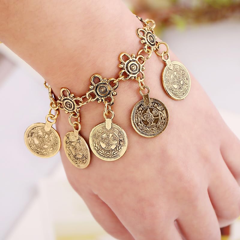 KZL 3PC Gypsy Jewelry Set Bohemian Coin Necklace Bracelet Earrings for Women Vintage African Indian Costume Festival Party Accessories - color: Rose Red