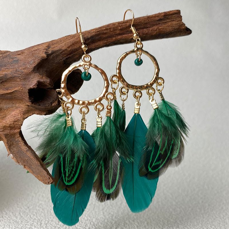 Feather Earrings for Women, Boho Long Brown Gold Dangle Drop Earrings, Handmade Statement Vintage Western Style Lightweight Trendy 2026 Fancy Unique Jewelry Gift - color: Green