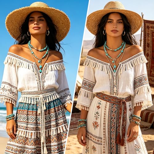 GIGB PBDK Boho Western Necklaces for Women,Turquoise Beaded Layered Necklaces Vintage Cow Cactus Pendant Choker Necklace Set,Cowgirl Jewelry Accessories Gifts - style: B1