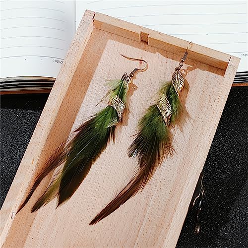 Bohemian Handmade Natural Long Feather Dangle Earrings for Women Multicolor Tassel Feathers Dangle Drop Earrings Vintage Bohemian Earrings Boho Feather Earrings - color: Green