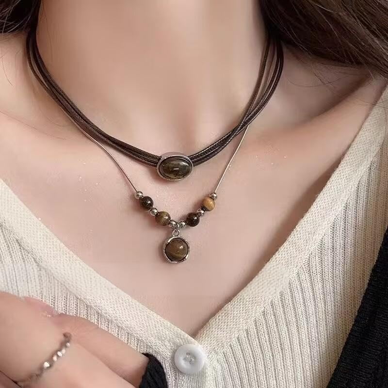 Tiger Eye Necklace for Women Vintage Gold Tiger Eye Brown Stone Pendant Layered Stack Beaded Necklace Elegant Vintage Boho Jewelry - style: SetC
