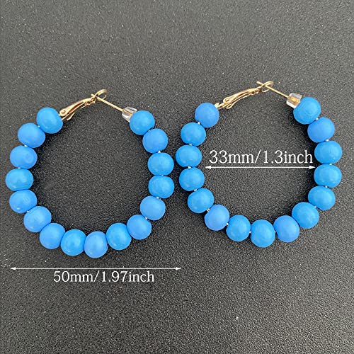 Handmade Nature Wooden Beaded Hoop Earrings Bohemian Minimalist Colorful Circle Round Wood Bead Earrings Vintage Chic Wooden Ethnic Dangle Drop Earrings for Women Statement Jewelry Gifts - color: Sky Blue