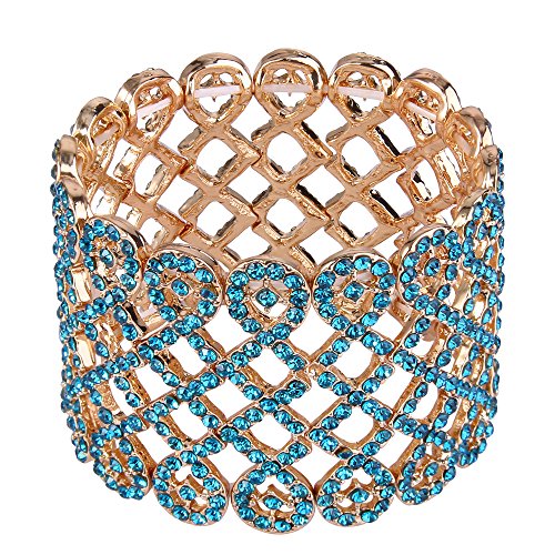 EVER FAITH Art Deco Love Knot Wide Stretch Bridal Bracelet Austrian Crystal - color: Sea Blue Gold-Tone