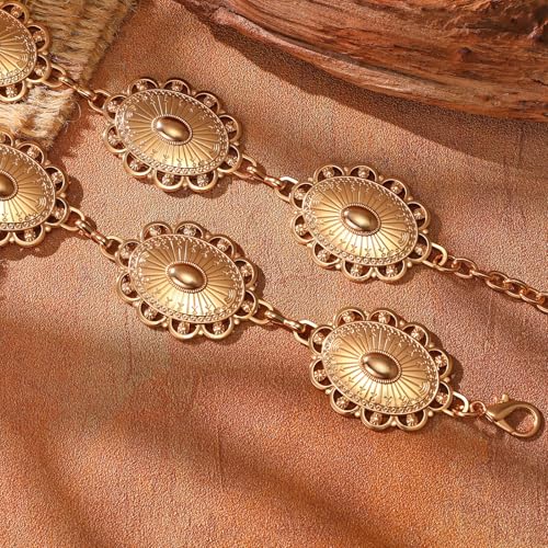 XZQTIVE Women Boho Chain Belts For Dresses Jeans Western Cowgirl Waist Links Belt Adjustable Metal Concho Belt - color: Bright Gold, size: Fit Waist up to 56 In