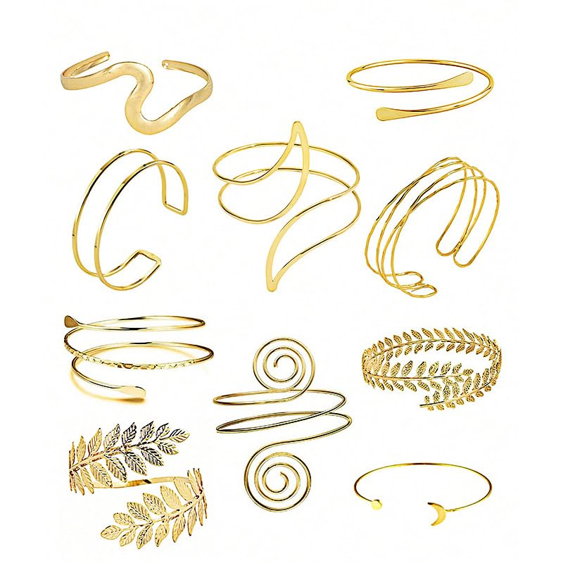 10Pcs Gold Arm Cuff Bracelets for Women, Adjustable Greek Goddess Egyptian Jewelry Set, Snake Arm Band Bangle, Costume Body Jewelry Accessories