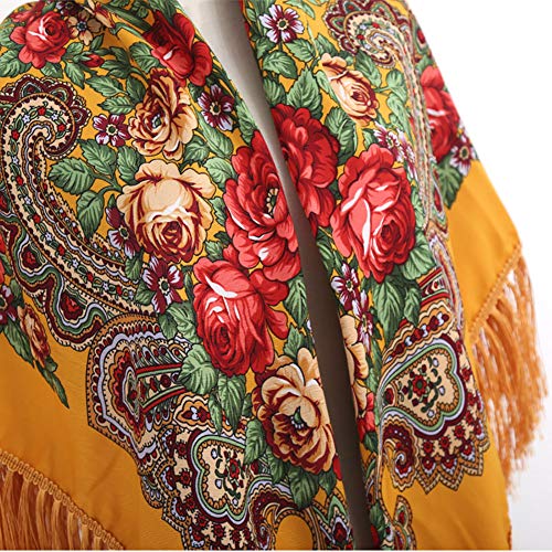 Gudessly Women's Traditional Scarf Wrap Tassel Fringes Neck Head Shawl Retro Scarf Floral Poncho Printing Square Cape 50inch - color: Yellow