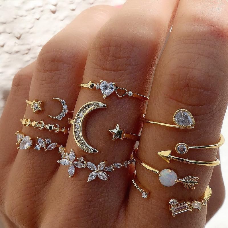INENIMARTJ Boho Rings for Women Teen Girls,Gold Stacking Rings Set Vintage Knuckle Stackable Moon Star Snake Butterfly Heart Flower Leaf Top Finger Rings - color: Hsilver