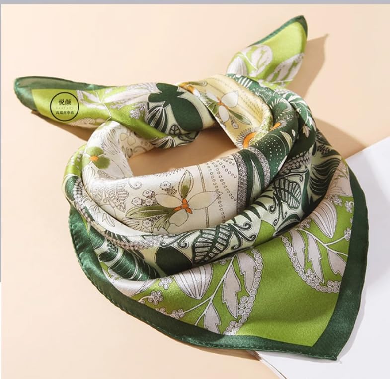 FEIBOON Mulberry Silk Scarfs Neck Scarf 21" Small Square Scarfs hair scarf bandana Neckerchief Headscarf for Women - color: Green Flower