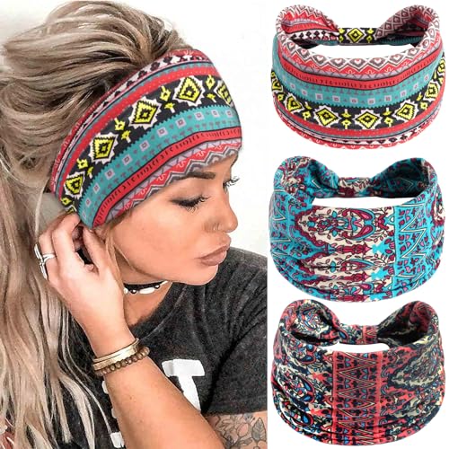 Boho Headbands for Women Wide Knotted Hairbands Stretch Non-Slip Vintage Printed Head Bands Bohemia Head Wraps Accessories for Women and Girls (Pack of 3) - color: Set 2