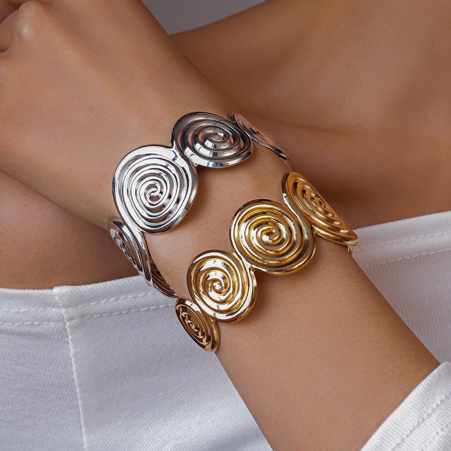 YWMAN Spiral Adjustable Cuff Bracelet, Chunky Swirl Open Bangle, Stainless Steel Boho Statement Jewelry for Women