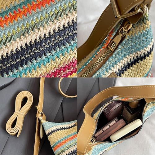 Women's Woven Beach Shoulder Handbag Colorful Straw Tote Bag Summer Vacation Crossbody Bag - color: 9706black