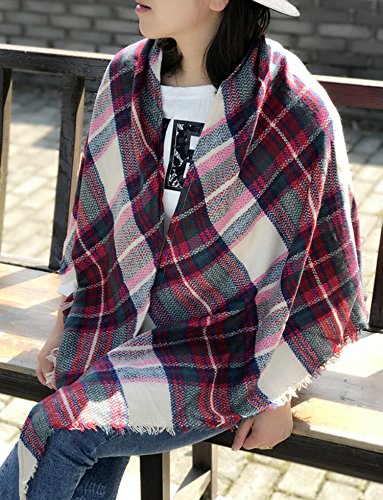 Wander Agio Womens Warm Long Shawl Winter Wraps Large Scarves Knit Cashmere Feel Plaid Triangle Scarf - color: Beige Pink Colour 1