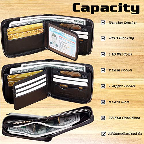 Admetus Mens RFID Blocking Wallets Zipper Leather Wallet for Men Bifold RFID Card Holder - color: Black-21