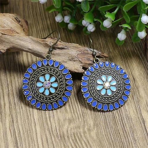MALOYANVE Vintage Boho Circular Flower Dangle Earring, Handmade Bronze Tribal Round Enamel Floral Drop, Bohemian Ethnic Statement Jewelry Gift for Women - color: Blue