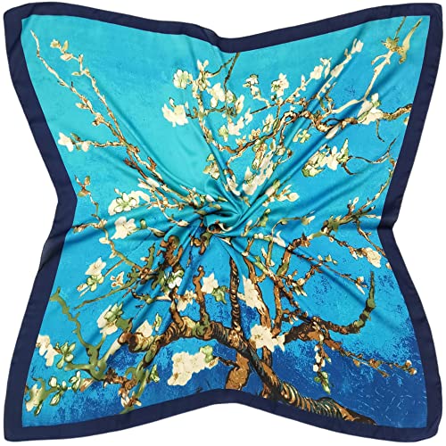 Julunar Silk Like Head Scarf for Women - Satin Large Hair Scarves - 35" Square Silk Hair Wrap for Sleeping with Gift Packed - color: A005-1 Floral Blue