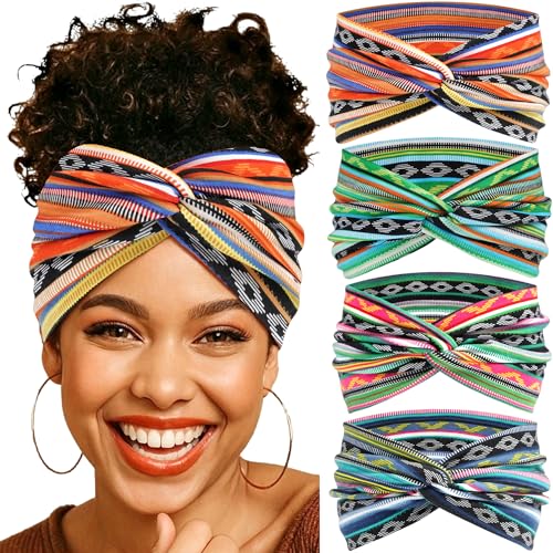 Boho Headbands for Women Wide African Hair Bands Cross Head Bands Yoga Running Sweatband Elastic Headband Stylish Wrap Headbands Hair Accessories for Teen Girls - color: African Striped Print