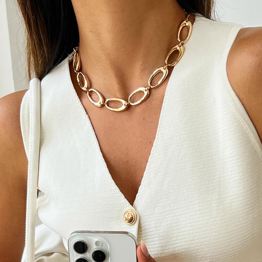 Chunky Gold Statement Necklace for Women, Big Geometric Circle Link Chain Collar Bold Fashion Chunky Trendy Metal Statement Jewelry Gift - color: Ellipse
