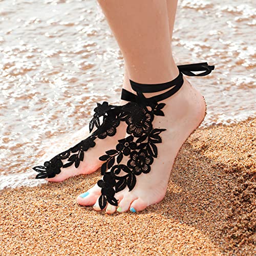 Janmercy 2 Pair Lace Barefoot Sandals Sexy Lace Embroidery Anklet with Toe Ring Vintage Floral Foot Jewelry for Women