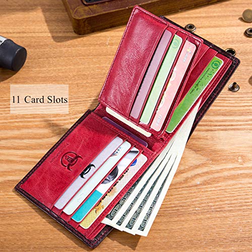 BULLCAPTAIN RFID Wallets for Men,Genuine Leather Wallet QB-05（Crimson ） | Slim,Bifold,Front Pocket Wallet, 2 ID Windows,11 Card Slots,RFID Blocking TechnologyGift Choice - color: Crimson