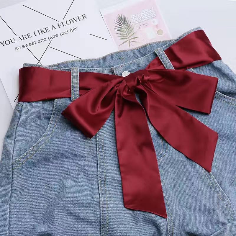Long Thin Skinny Scarf Satin Neckerchief Ribbon Tie Waist Belt for Women - color: Burgundy