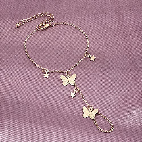 Butterfly Finger Ring Bracelet for Women Dainty Star Slave Hand Chain Harness Bangle Boho Gypsy Bollywood Beach Wedding Retro Party Y2K Jewelry 2 Pieces