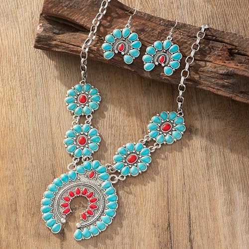 4 PCS Western Turquoise Jewelry for Women Boho Vintage Navajo Pearl Necklace Earring Bracelet Ring Set Country Cowgirl Accessories for Gift - color: M-Blue