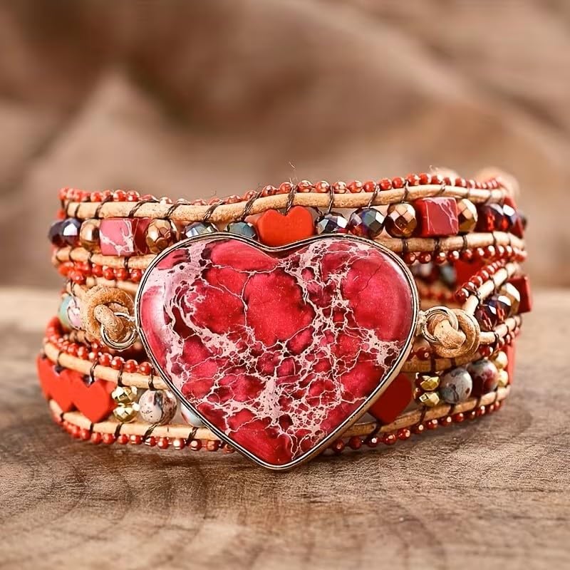 Women Wrap Bracelet Boho Natural Jasper Crystal Stone Beads Strand Bracelets - color: Red Heart