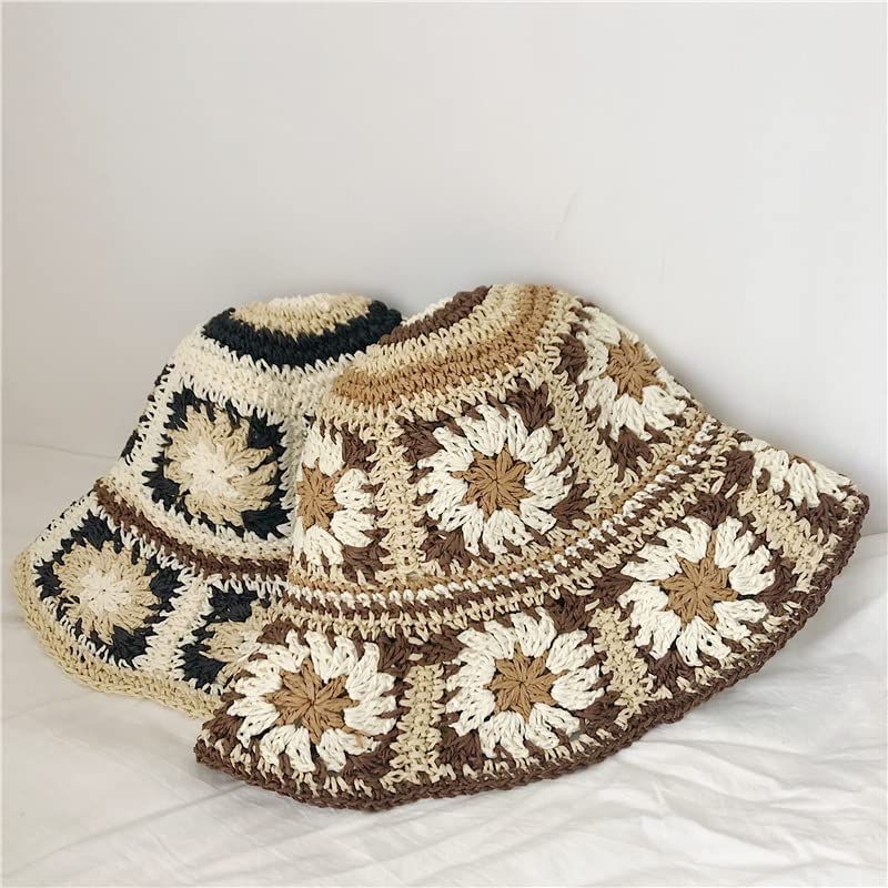Women Straw Sun Hat Floral Woven Crochet Bucket Hat Y2k Aesthetic Accessories Beach Hat Hand Woven Boho Foldable Cap - color: Coffee