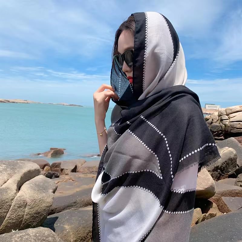 WaJuemy Travel Boho Scarf for Women Casual Lightweight Pashmina Scarves Fashion Multicolor Shawl Wraps with Fringed Beads - color: 04 Black/Grey