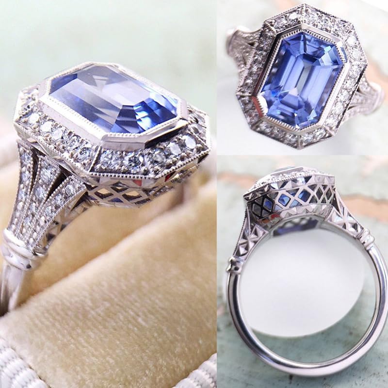 Mnyixsi 925 Sterling Silver Blue Created Sapphire and Moissanite Wedding Engagement Ring Band Bridal Ring Blue CZ Statement Ring Cubic Zirconia Cocktail Ring for Women Size 8 - size: Size 8